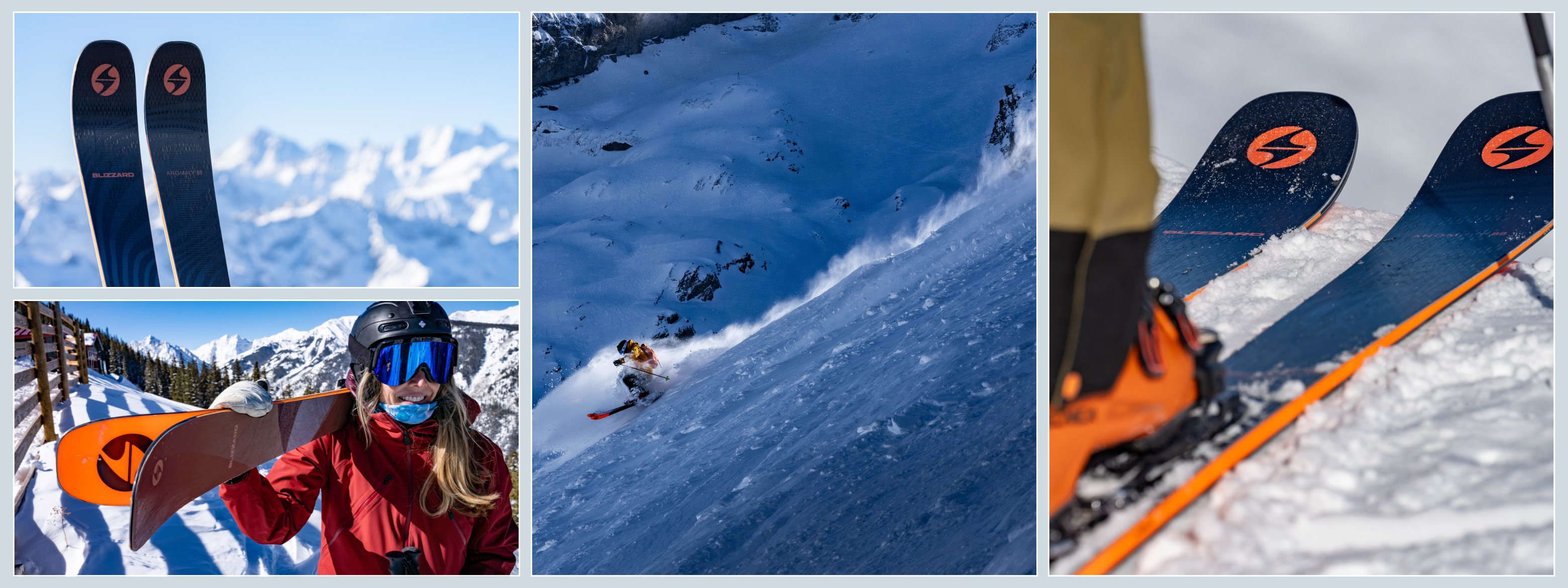 Collage of skiing scenes featuring blizzard brand skis, and person skiing down a slope.