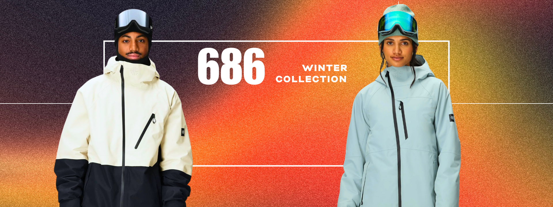 Two people wearing winter jackets with '686' branding against a colorful gradient background.