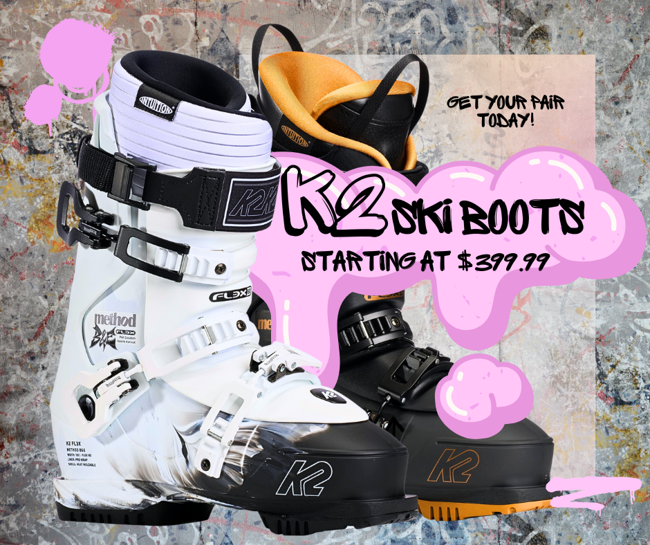 K2 ski boots displayed with promotional text on a textured background
